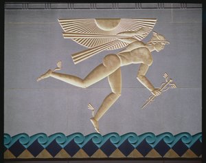 Basreliéf zobrazující Merkur z exteriéru jedné ze 14 budov, postavené v letech 1931-40 od American School