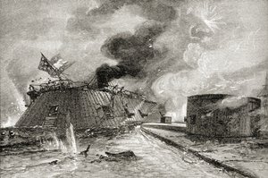 Bitva mezi Monitorem a Merrimacem v roce 1862, z „Stručné historie Spojených států“, vydané A. S. Barnes und Co. v roce 1885 od American School