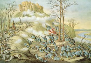 Bitva u Lookout Mountain, 24. listopadu 1863, vyryto Kurzem & Allisonem od American School