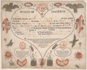 Rodný a křestní list (Geburts und Taufschein) pro Marii Catharinu Raup c.1806 (pero a inkoust s akvarelem na papíře) od American School
