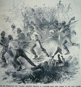 Černé jednotky armády Unie přinášejí ukořistěné zbraně během obléhání Petrohradu (1864–65) (litho) od American School