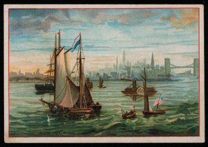 Lodě v přístavu New York, blahopřání. (chromolitho) od American School