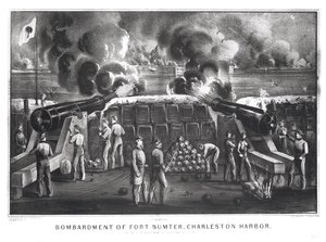 Bombardování Fort Sumter, Charleston Harbor z Fort Moultrie, 12. a 13. dubna 1861, pub. od Curriera a Ivese od American School