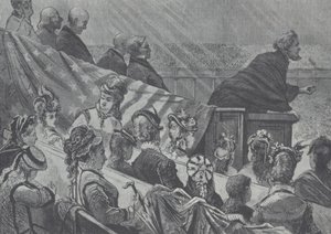 Brigham Young sledoval jeho mnoho mladých manželek při kázání ve Velkém mormonském svatostánku v Utahu od American School