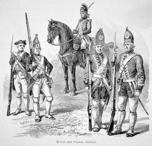 Britský a hesenský voják, během americké války za nezávislost (rytina) od American School