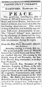 Brožurka oznamující mír mezi USA a Velkou Británií po válce z roku 1812, otištěná v Connecticut Courant, 1815 (tisk) od American School
