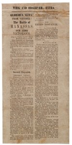 Broadside oznamující první bitvu o Manassas, Whig a Observer Extra, po 22. červenci 1861 od American School