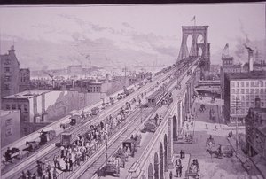 Brooklyn Bridge těsně po slavnostním zahájení, publikoval 26. května 1883 (rytina) od American School