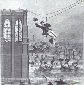 Brooklynský most ve výstavbě; Pan Farrington, hlavní stavební dozor, je první, kdo 25. srpna 1876 překročí rozpětí mezi dvěma pylony (rytina) od American School