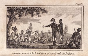 Kapitán Lewis a Clarke pořádají poradu s Indiány, hospoda. 1812 (rytina) od American School