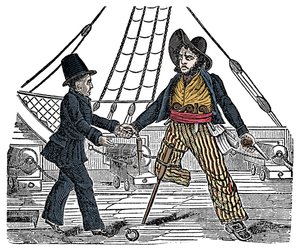 Kapitán Mackra a pirát má dřevěnou nohu Rytina z „The Pirates Own Book““ 19. století od American School