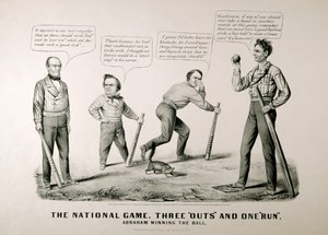 Kreslený film zobrazující Abrahama Lincolna (1809-65), jak vyhrál míč proti svým protivníkům Douglasovi, Bellovi a Breckenridge v prezidentských volbách v roce 1860, 1860 od American School