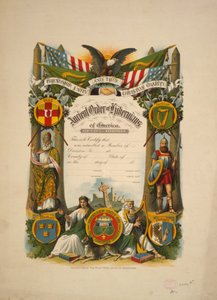 Osvědčení o členství v Ancient Order of Hibernians of America, kolem roku 1894 (barevná litografie) od American School