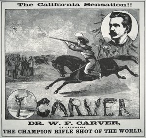 Plakát „Champion Rifle Shot of the World“ s Doc Carverem (1840-1927) kolem roku 1885 (rytina) od American School