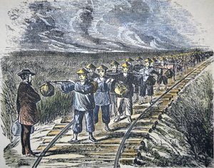 Charles Crocker (1822-88) a jeho čínská pracovní síla stavěla Central Pacific Railroad, dokončena v roce 1869 (barevné lito) od American School