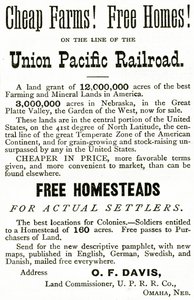 Levné farmy a volné domy na lince Union Pacific Railroad, reklama z Appletons Journal, 4. května 1872 od American School