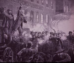 Chicago Haymarket Labor Riot z roku 1886, rytina publikovaná v Harper