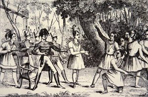 Náčelník Tecumseh (1768-1813) vzdorující generálu Harrisonovi (1773-1841) (rytina) od American School