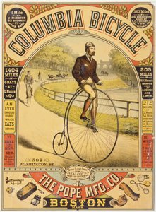 Reklama na jízdní kolo Columbia, cca 90. léta 19. století (chromolitografie) od American School