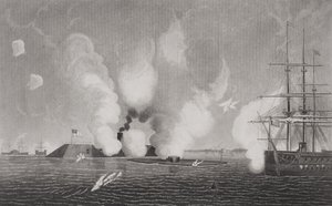 Boj mezi konfederačním CSS Virginia (vlevo) a Union USS Monitor (uprostřed) 9. března 1862 v Hampton Roads ve Virginii (podrobnosti viz 254609) od American School