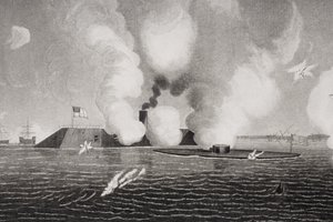 Boj mezi konfederačním CSS Virginia (vlevo) a Union USS Monitor (vpravo) 9. března 1862 v Hampton Roads ve Virginii (detail 254608) od American School