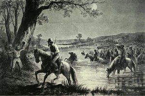 Armáda Konfederace překračující brody řeky Potomac během invaze do Marylandu v roce 1862 (litografie) od American School