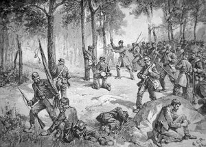 Konfederační útok v bitvě u Gettysburgu od American School