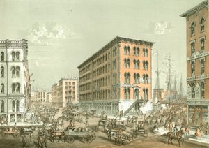 Roh ulic Clark a South Water Street, z knihy Chicago Illustrated, s literárními popisy Jamese W. Sheahana, vydané nakladatelstvím Jevne & Almini, Chicago, 1866-67. od American School