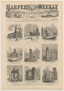 Obálka Harpers Weekly zobrazující scény zničených kostelů v Chicagu, 11. listopadu 1871