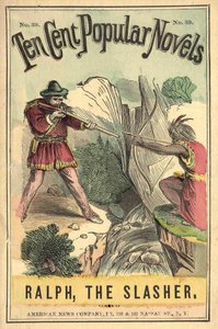 Obálka knihy „Deset centů populárních románů – Ralph, the Slasher“, č. 39. American News Company. Souboj Indiána a bílého. Hořící sd. počátku 20. století. od American School