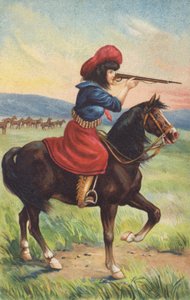 Kovbojka na koni mířící puškou (chromolit) od American School