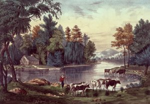 Krávy na břehu jezera, publikoval Nathaniel Currier (1813-88) a James Merritt Ives (1823-95) (barevné lito) od American School