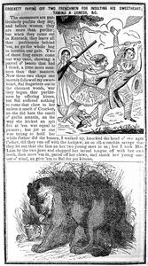 Davy Crockett Vyplácí dva Francouze za urážku své milé, Zkrocení lvice atd., ilustrace z Crocketts Almanack od American School