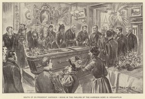 Smrt exprezidenta Harrisona, scéna v salonu Harrisonova domu v Indianapolisu (litografie) od American School