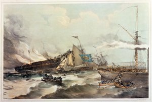 Zničení emigrantské lodi Ocean Monarch, vyryto Maclure, 1845