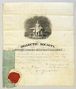 Dokument podepsaný Ulyssesem S. Grantem jako prezidentem Dialektické společnosti ve West Point Military Academy, 20. června 1843 (rytina a pero a inkoust na pergamenu) (viz také 872501) od American School