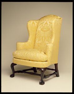 Křeslo, cca 1750-70 (mahagon, javor, třešeň a žluté hedvábí) od American School