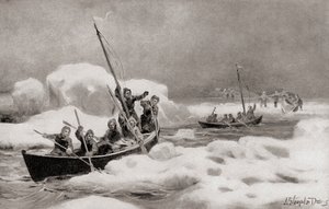 Elisha Kent Kane, vůdce Druhé Grinnellovy expedice z roku 1853, při hledání ztracené výpravy kapitána Johna Franklina v arktických oblastech, z Historie naší země, vydané 1905 (litho) od American School