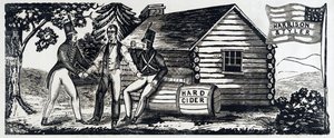 Znak pro prezidentskou kampaň Harrison & Tyler v roce 1840, hospoda. 1840 (dřevořez) od American School
