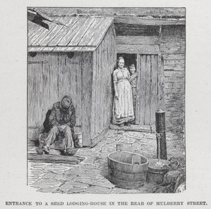 Vchod do ubytovny v kůlně v zadní části Mulberry Street (litho) od American School
