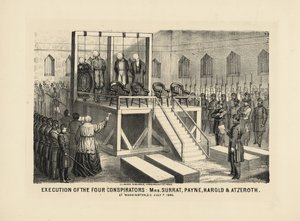 Poprava čtyř spiklenců: paní Surrat, Payne, Harold & Atzerith ve Washingtonu DC, 7. července 1865, pub. 1865 od American School