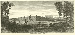 Vnější pohled na Prison Pen v Millen, listopad 1864 od American School