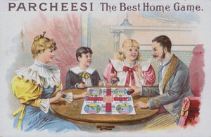 Rodina hraje hru Parcheesi (chromolitho) od American School