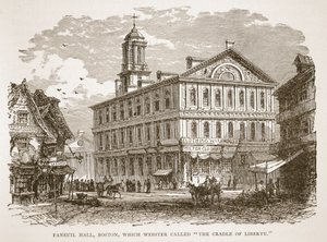 Faneuil Hall v Bostonu, kterou Webster nazval kolébkou svobody, z knižní hospody. 1896 od American School