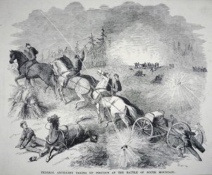 Federální dělostřelectvo zaujalo postavení v bitvě u Jižní hory, září 1862 (rytina) od American School