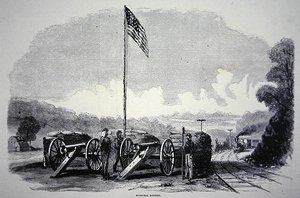 Federální baterie z pytlů s pískem na ochranu železnice během americké občanské války (1861-65) (litho) od American School