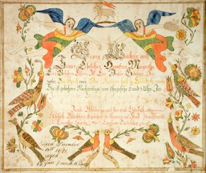 Fraktura rodného a křestního listu Elizabeth Wachterové (1808-71) 1808 (tuš a akvarel na papíře) od American School