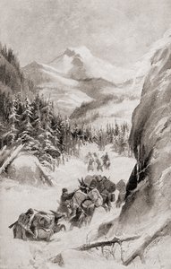 Fremont ve Skalistých horách v Severní Americe během své čtvrté expedice z roku 1848 z „Dějiny naší země“, vydané v roce 1905 (litho) od American School