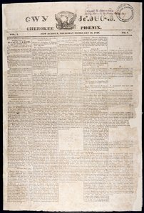 Přední strana z Cherokee Phoenix, 21. února 1828 (tisk) od American School