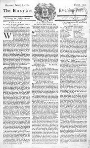 Přední strana Boston Evening Post oznamující smrt krále Jiřího II. (1683-1760), 5. ledna 1761 (tisk) od American School